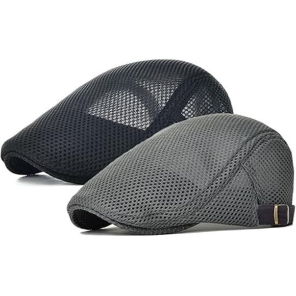 2 Pack Men's Mesh Breathable Summer Newsboy Cap Adjustable Duckbill Driving Hat - Picture 8 of 8